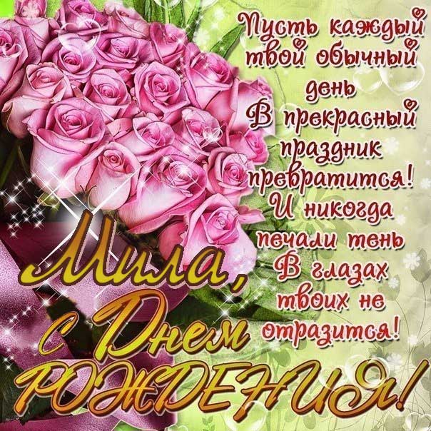 Открытка День рождения Мила. Розы, букет, розовые розочки, со словами, сияние, мигающие, стихи, картинки поздравительные, большой букет.