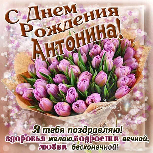 Открытка с днем рождения Антонина. Букет тюльпанов, тюльпан, с фразами, стих надпись