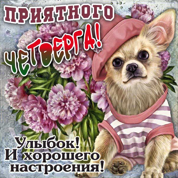 Мерцающая картинка доброе утро четверга. Красивая надпись, мультяшка, собачка, цветы, щенок, стих, текст, мерцание, узоры, слова, бабочки.