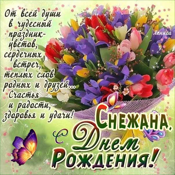 С Днем рождения Снежана картинка-гифы. Букет, цветы, с надписью, стих, с бликами, эффекты, открытка, полевые цветы, с поздравлением, Снежаночке.