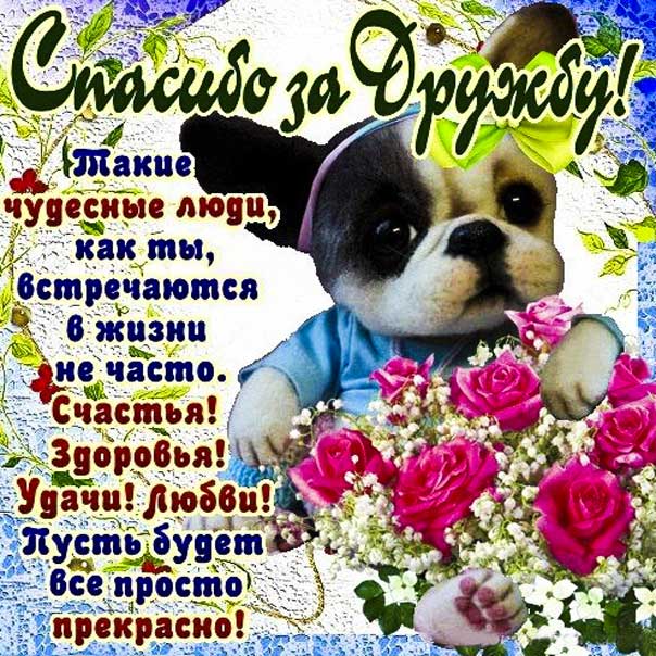 Спасибо за дружбу милая картинка. Друзьям, щенок, надпись, цветы, для друзей.