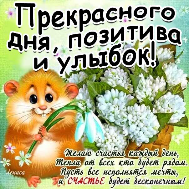 Картинка прекрасного дня позитива улыбок. Зверушка, мультяшка, цветы, текст, красивая надпись, со стихом, мигающая, картинки, пожелание, картинка.
